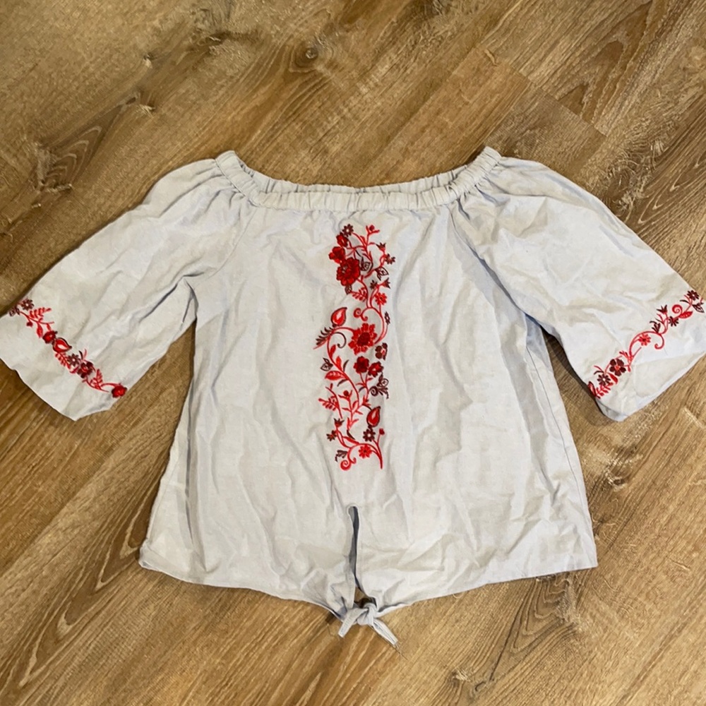 Chambray top with red embroidered detail